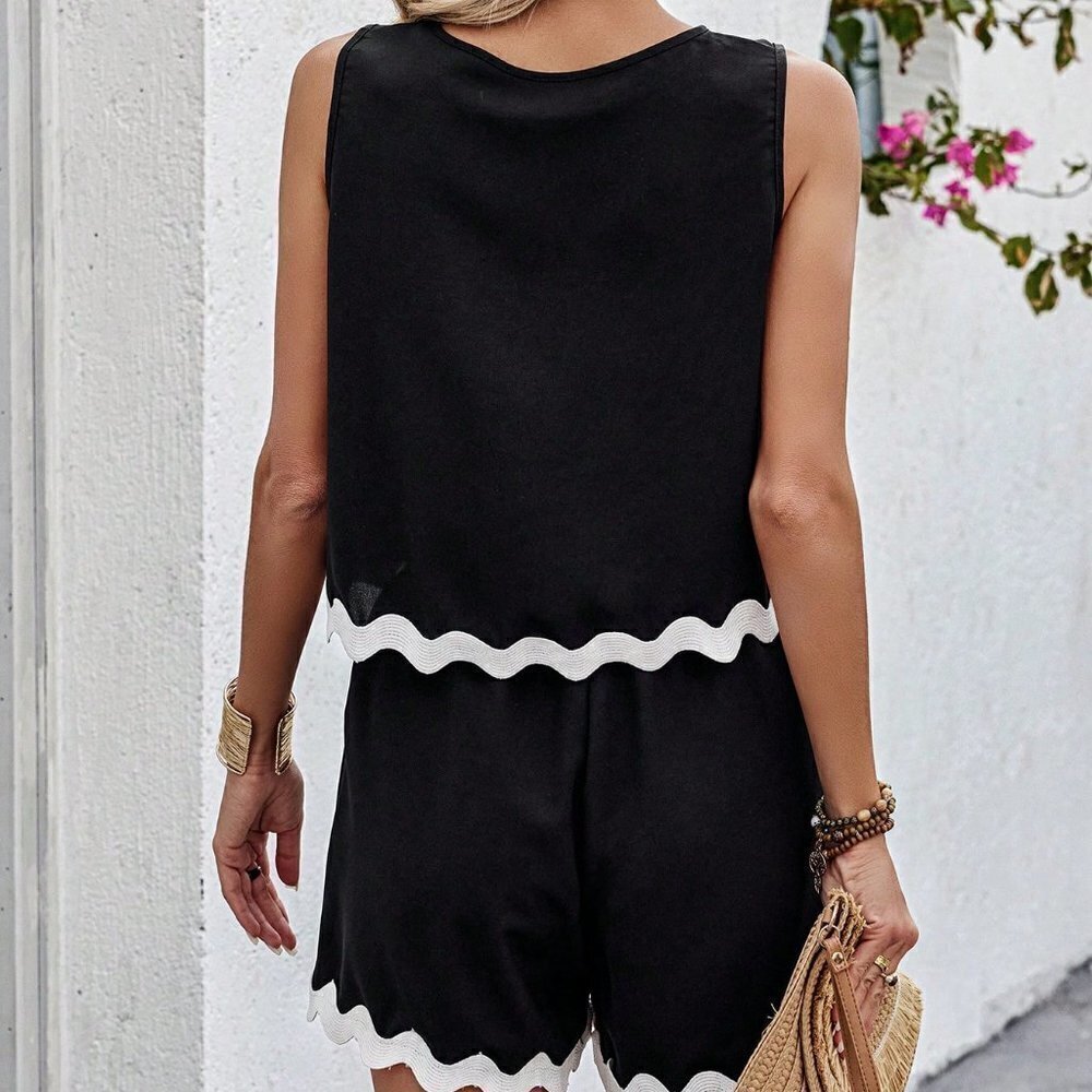 Black Casual Womens Colorblock Seashell Edge Weave Belt Detail Set - Picture 3 of 5